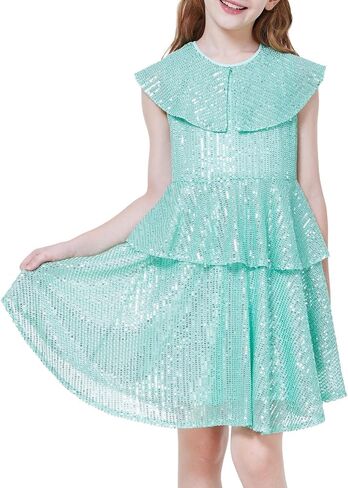 WULFUL Girls Sequin Dress Sparkly Party A-line Flutter Neckline Dual-Layer Holiday Prom Formal Dresses 5-12Y in Saudi Arabia