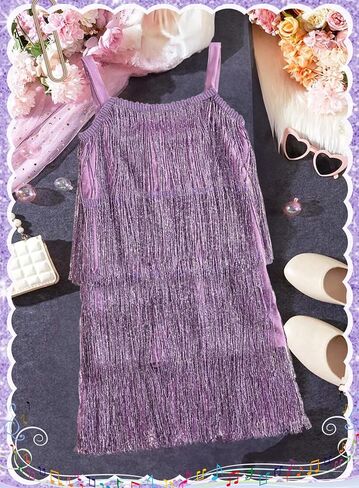 Little Kids Girls Sequin Fringe Dress - Sparkly Tassel Sleeveless Zip Back Party Latin Dance Wear Concert Outfits in Saudi Arabia