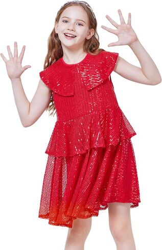 WULFUL Girls Sequin Dress Sparkly Party A-line Flutter Neckline Dual-Layer Holiday Prom Formal Dresses 5-12Y in Saudi Arabia