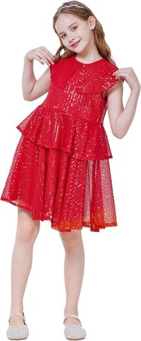 WULFUL Girls Sequin Dress Sparkly Party A-line Flutter Neckline Dual-Layer Holiday Prom Formal Dresses 5-12Y in Saudi Arabia