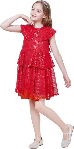 WULFUL Girls Sequin Dress Sparkly Party A-line Flutter Neckline Dual-Layer Holiday Prom Formal Dresses 5-12Y in Saudi Arabia