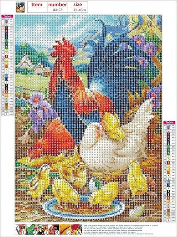 MXJSUA Rooster Diamond Art Painting Kits for Adults, Diamond Art Rooster, Diamond Art 5d Full Drill Rooster Round Diamond Art Painting Roosters, Hen Chick Diamond Dots Bead by Numbers Kits 12x16 inch in Saudi Arabia