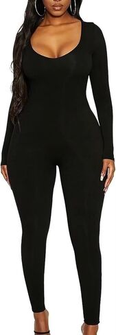 المرأة طويلة الأكمام Bodycon حللا عميق مغرفة الرقبة سليم السراويل رومبير قطعة واحدة وتتسابق in Kuwait