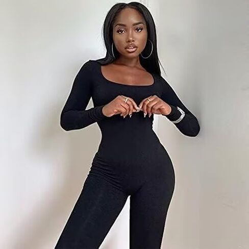 المرأة طويلة الأكمام Bodycon حللا عميق مغرفة الرقبة سليم السراويل رومبير قطعة واحدة وتتسابق in Kuwait
