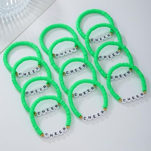 12Pcs Polymer Clay CHEER Stackable Friendship Bracelets Colorful Multilayer Heishi Surfer Clay Gold Beaded CHEER Stretch Bracelets for Women Men Game Day Jewelry Team Cheer Gifts in Saudi Arabia