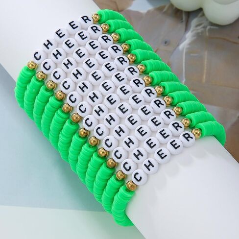 12Pcs Polymer Clay CHEER Stackable Friendship Bracelets Colorful Multilayer Heishi Surfer Clay Gold Beaded CHEER Stretch Bracelets for Women Men Game Day Jewelry Team Cheer Gifts in Saudi Arabia