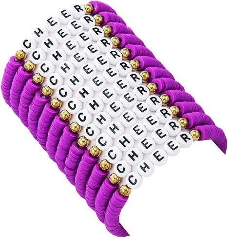 12Pcs Polymer Clay CHEER Stackable Friendship Bracelets Colorful Multilayer Heishi Surfer Clay Gold Beaded CHEER Stretch Bracelets for Women Men Game Day Jewelry Team Cheer Gifts in Saudi Arabia