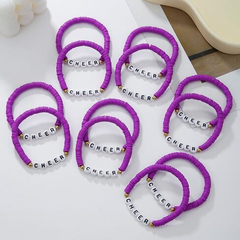 12Pcs Polymer Clay CHEER Stackable Friendship Bracelets Colorful Multilayer Heishi Surfer Clay Gold Beaded CHEER Stretch Bracelets for Women Men Game Day Jewelry Team Cheer Gifts in Saudi Arabia