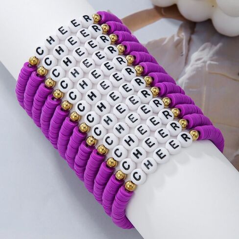 12Pcs Polymer Clay CHEER Stackable Friendship Bracelets Colorful Multilayer Heishi Surfer Clay Gold Beaded CHEER Stretch Bracelets for Women Men Game Day Jewelry Team Cheer Gifts in Saudi Arabia