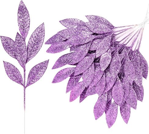 DERAYEE 12 Pcs Artificial Purple Glitter Leaf Spray Picks, 12 Inch Fake Floral Leaf Branches for Winter Christmas Tree DIY Wreath Vase Fillers Wedding Table Centerpieces Decorations in Kuwait
