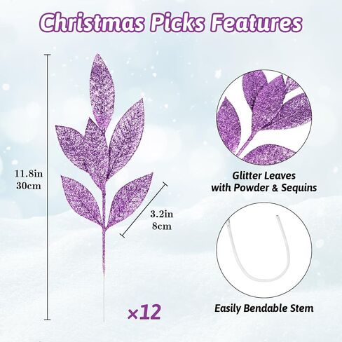 DERAYEE 12 Pcs Artificial Purple Glitter Leaf Spray Picks, 12 Inch Fake Floral Leaf Branches for Winter Christmas Tree DIY Wreath Vase Fillers Wedding Table Centerpieces Decorations in Kuwait
