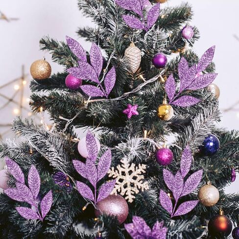 DERAYEE 12 Pcs Artificial Purple Glitter Leaf Spray Picks, 12 Inch Fake Floral Leaf Branches for Winter Christmas Tree DIY Wreath Vase Fillers Wedding Table Centerpieces Decorations in Kuwait