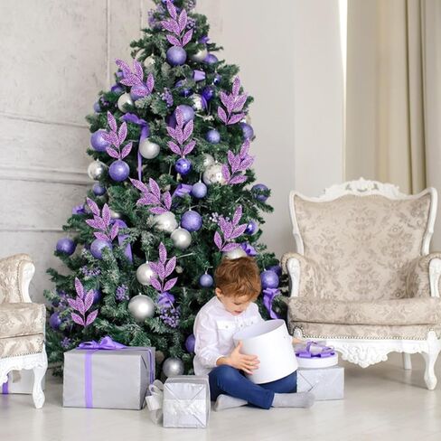 DERAYEE 12 Pcs Artificial Purple Glitter Leaf Spray Picks, 12 Inch Fake Floral Leaf Branches for Winter Christmas Tree DIY Wreath Vase Fillers Wedding Table Centerpieces Decorations in Kuwait