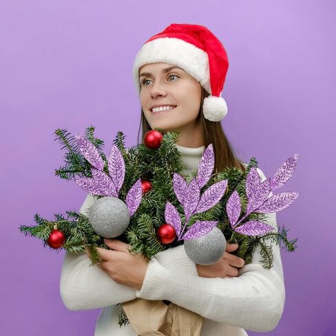 DERAYEE 12 Pcs Artificial Purple Glitter Leaf Spray Picks, 12 Inch Fake Floral Leaf Branches for Winter Christmas Tree DIY Wreath Vase Fillers Wedding Table Centerpieces Decorations in Kuwait
