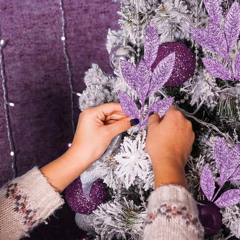DERAYEE 12 Pcs Artificial Purple Glitter Leaf Spray Picks, 12 Inch Fake Floral Leaf Branches for Winter Christmas Tree DIY Wreath Vase Fillers Wedding Table Centerpieces Decorations in Kuwait