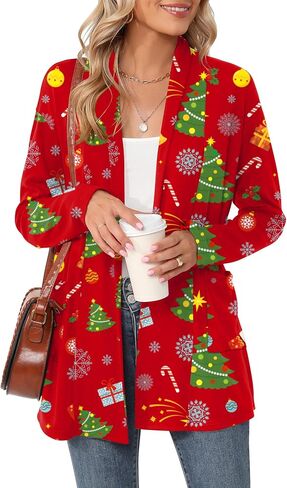 Micoson Xmas Print Long Sleeve Lightweight Cardigan for Women Ugly Christmas Cute Loose Fit Coat with Pockets in Saudi Arabia