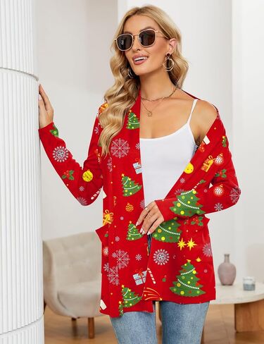 Micoson Xmas Print Long Sleeve Lightweight Cardigan for Women Ugly Christmas Cute Loose Fit Coat with Pockets in Saudi Arabia