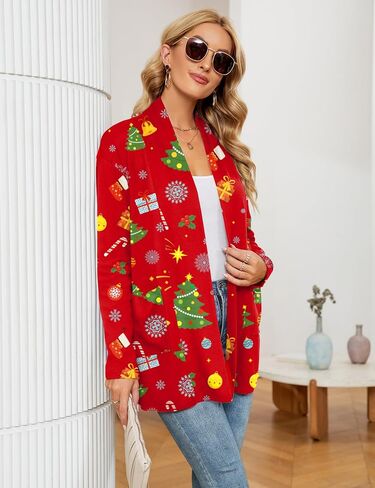 Micoson Xmas Print Long Sleeve Lightweight Cardigan for Women Ugly Christmas Cute Loose Fit Coat with Pockets in Saudi Arabia