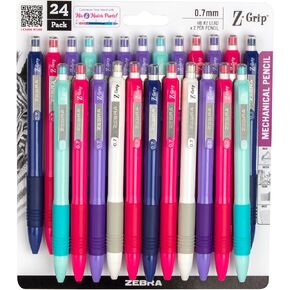 Zebra Pen Z-Grip Mechanical Pencil, 0.7mm Point Size, HB #2 Graphite, Assorted Bright Barrels, 24-Pack (50424)