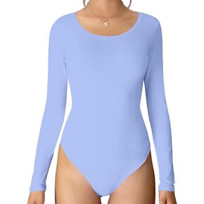 MANGDIUP Women's Crew Neck Long Sleeve Bodysuit - Stretch Cotton Jumpsuit, Comfortable Everyday Wear
