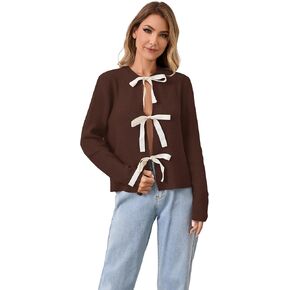 Bow Tie Cardigan for Women Long Sleeve Open Front Knit Sweaters Tops Lightweight Sweater Y2K Fall Shirts