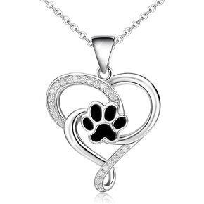 KITEENAL Heart Print Necklace - Sterling Silver Adjustable Cute Animal Pendant Necklace for Teens Girls Women Puppy Dog Cat Pet Necklace Cubic Zirconia Love Heart Necklace Gifts for Birthday, 19 inch