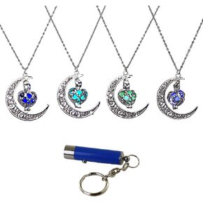 AlterImage Crescent Moon Glow in The Dark Necklaces 4 Pack Luminous Jewelry Green Purple Blue & Sky Blue Includes UV Light