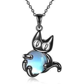 Black Cat Necklace for Women 925 Sterling Silver Moonstone Necklace Jewelry Gifts for Girls