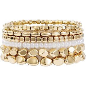 6-7 Pcs Gold Bead Bracelets for Women Stackable Gold Beaded Stretch Bracelets Set, 14K Gold Plated Bead Ball Bracelets Elastic Hypoallergenic Bracelets Jewelry