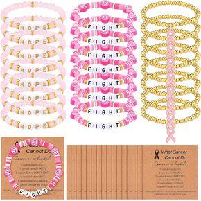 24 قطعة من أساور الأمل لمكافحة سرطان الثدي مع بطاقات ملهمة هدايا الناجيات من سرطان الثدي للمرأة شريط وردي من الطين مطرز أساور ممتدة ملحقات التوعية بسرطان الثدي in Kuwait