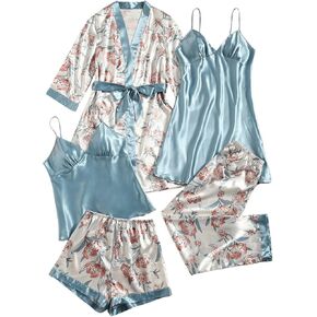 Verdusa Women's 5pcs Floral Pajamas Sets Silk Satin Sleepwear Robe Nightgown Top and Pants Pjs