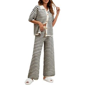 Moreone Womens Short Sleeve Striped Pajama Sets Knit Button Top And Long Pants 2 Piece Lounge Sets