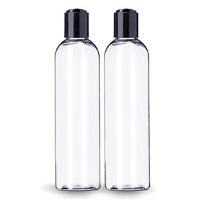 ljdeals 8 oz Clear Plastic Empty Bottles with Black Disc Top Caps, Refillable Containers for Shampoo, Lotions, Cream and More Pack of 2, BPA Free, Made in USA