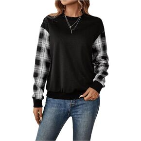 OYOANGLE Women's Plaid Long Sleeve Sweatshirts Drop Shoulder Crew Neck Shirts Casual Pullover Tops