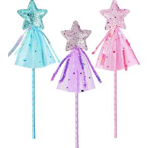 Princess Dress Up Accessories - 3pcs Glitter Star Wands & Fairy Wands, Party Favor Decorations for Little Girls, Ages 3-6