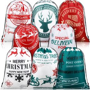 Abbylike 8 Pcs Large Christmas Santa Gift Bags, Jumbo Santa Sacks Christmas Drawstring Gift Bags Polyester Fabric Xmas Gift Sacks for Event Party Supplies Christmas Party Favors(26 x 19 Inch)
