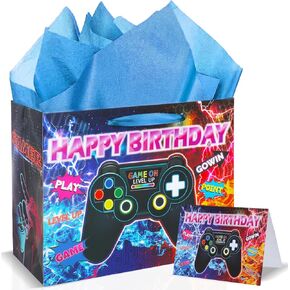 Game Theme Birthday Gift Bags Video Game Birthday Party Decorations Gaming Birthday Favor Bags with Gamer Happy Birthday Tissue Paper and Greeting Card for Boys Girls Game Theme Birthday Christmas Party Decor