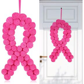 Pink 13 inches Breast Cancer Awareness Ribbons Sign Decor Felt Pom Pom Ribbons Wreath Felt Ball Wreath for Front Door Indoor Outdoor Walls and Windows Survivor Support Party Supply(2 Pieces)