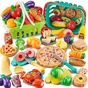 85Pcs Pretend Play Food Sets for Kids Kitchen, Cutting Toy Food with 2 Baskets, Play Kitchen Accessories for Toddlers, Fake Food with Pizza&Veggies&Fruits&Dessert, Kids Kitchen Toys, Boys Girls Gift.