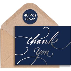Prophet 40 Pack Silver Foil Thank You Cards with Envelopes, 3.5' X 5', Navy Blue Blank Thank You Cards Bulk for Wedding, Business, Baby Shower, Small Business, Funeral, Graduation