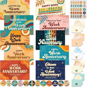 Decorably 50 Pack Happy Work Anniversary Cards with Envelopes & Stickers - 10 Designs Blank Work Anniversary Cards for Employees, 6x4in Work Anniversary Cards Bulk, Employee Blank Anniversary Cards