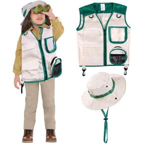 Safari Costume Cargo Vest and Hat for Kids, Outdoor Explorer Kits and Role Play for Park Ranger, Paleontologist, Zookeeper, Jane Goodall Costume,Great Backyard Safari Gift for Adventure Boys and Girls