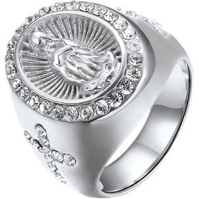 Virgin Mary Cross Ring: Gold Plating Cubic Zirconia Ring Classic Vintage Religious Ring Signet Ring Thumb Band Amulet Ring for Men Women