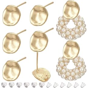 BENECREAT 12Pcs 18K Real Gold Plated Brass Round Stud Earring Findings 15mm/0.6Inch Hammered Earring Findings with 30Pcs Ear Nuts for DIY Earrings Jewelry Craft Making Supplies