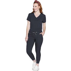 Med Couture Women's Scrub Set with V- Neck Scrub Top MC7448 and 2-Way Stretch Pants 7710, Pewter - L Top/L Pant