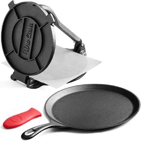 Uno Casa Cast Iron Tortilla Press 10 Inch with Cast Iron Comal Pan - Bundle of Cast Iron Tortilla Skillet for Roti Pan, Tawa Pan, Dosa Pan & Tortilla Press Pataconera