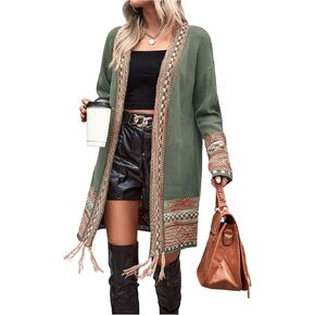 MakeMeChic Women's Duster Cardigan Fringe Trim Long Sleeve Open Front Geo Pattern Knitted Outerwear