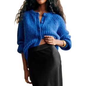 Women Chunky Knit Cardigan Y2k Long Latern Sleeve Crew Neck Button Up Open Front Cable Knitted Short Sweater Jackets
