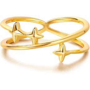 Gold Star Ring for Women Criss Cross Double Rings Crossover 14K Gold Plated Minimalist Stack Thin Band Open Finger Jewelry Size 6-8