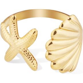 Starfish Seashell Ring, Gold Starfish Ring Stainless Steel Shell Ring Adjustable Artistic Starfish Jewelry for Summer Beach Women Daily Gift